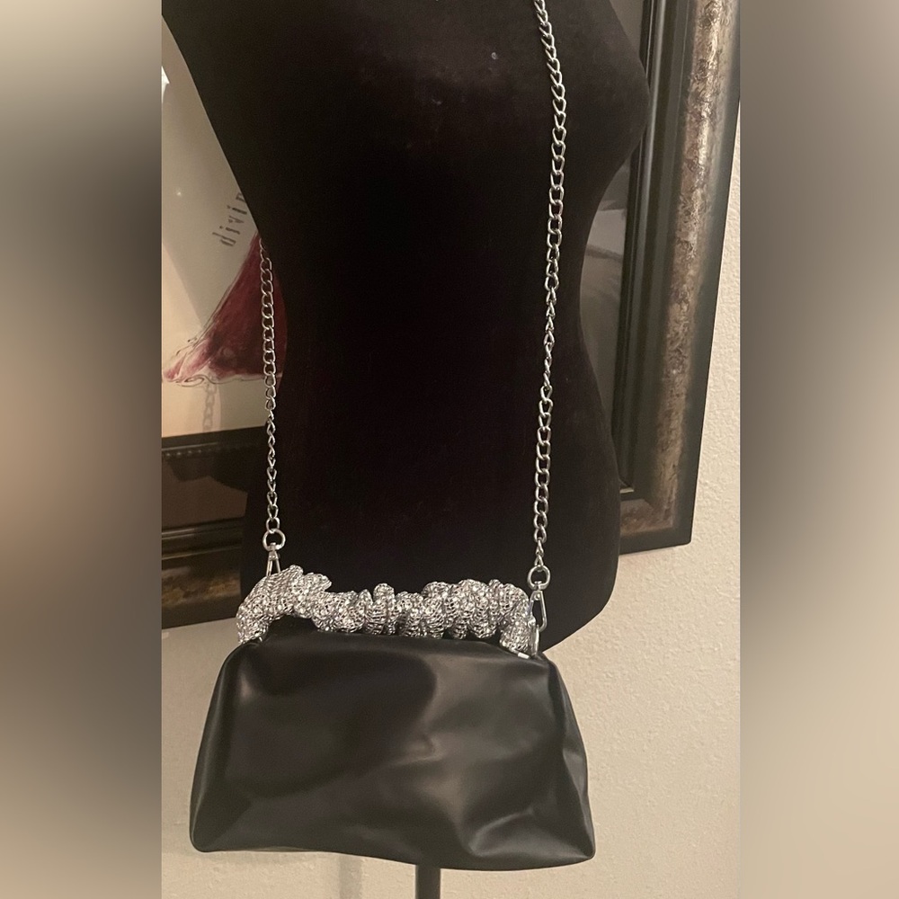 Black Leather over shoulder small bag with rhinestones handle with zipper